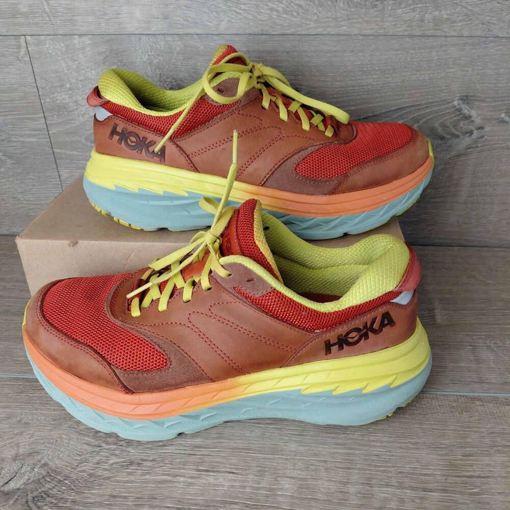 Hoka One One Bondi L Running Shoes Men Size 9.5 Red Yellow Auburn Chili Sneakers